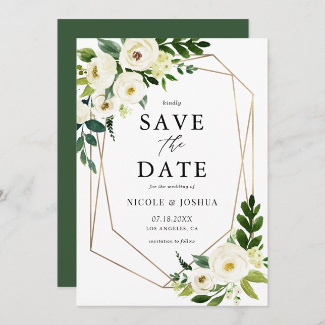Gold Foil Geometric White Floral Frame Spring Save The Date (Front/Back)