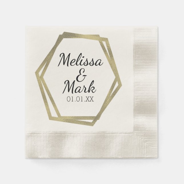 Gold Foil Geometrical Frame Wedding Couples Ecru Napkin (Front)