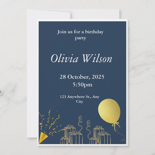 Gold Foil Gift and Balloon Birthday Invitation (Front)
