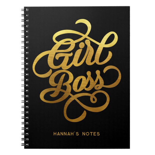Gold Foil Girl Boss Typography Black Notebook (Front)