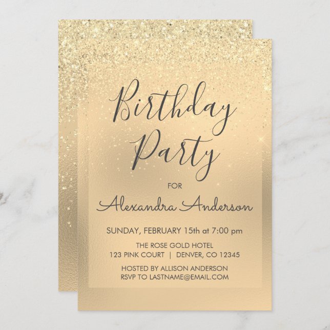 Gold Foil Girly Glitter Sparkle Any Age Birthday Invitation (Front/Back)