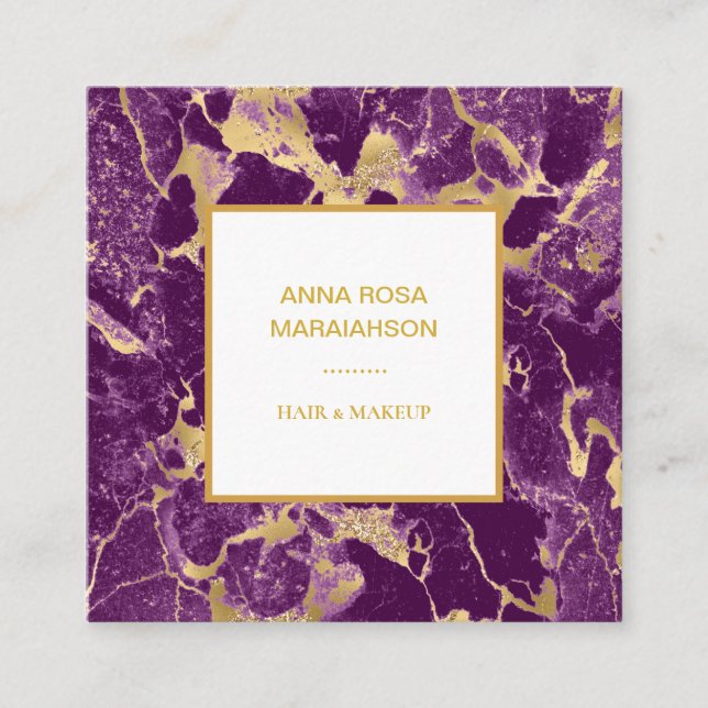 *~* Gold Foil Glam Purple Marble Modern Chic Girly Square Business Card (Front)