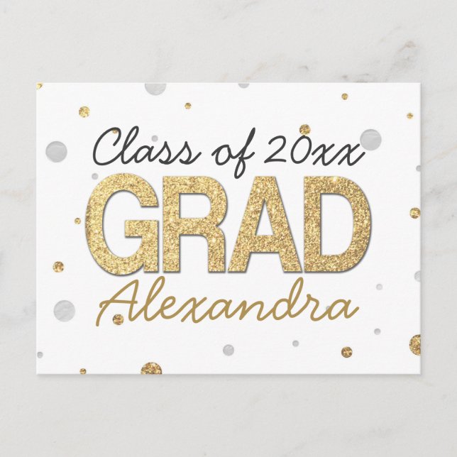 Gold Foil Glitter Confetti Graduation Party Custom Announcement Postcard (Front)