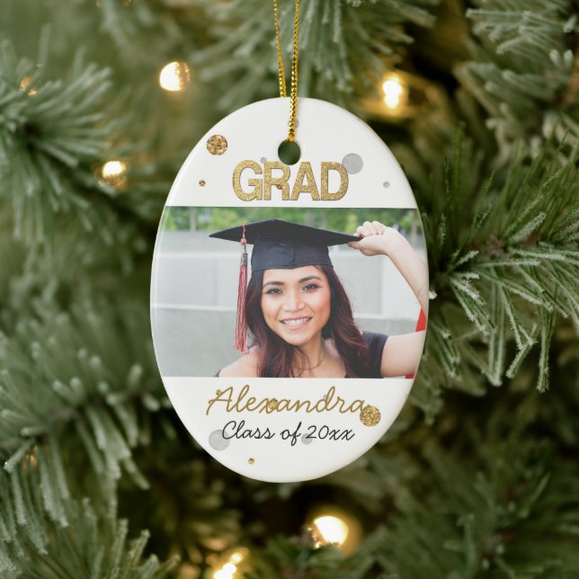 Gold Foil Glitter Confetti Graduation Photo Ceramic Tree Decoration (Tree)