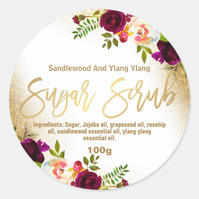 Gold Foil Glitter Floral White Sugar Scrub  Label (Front)