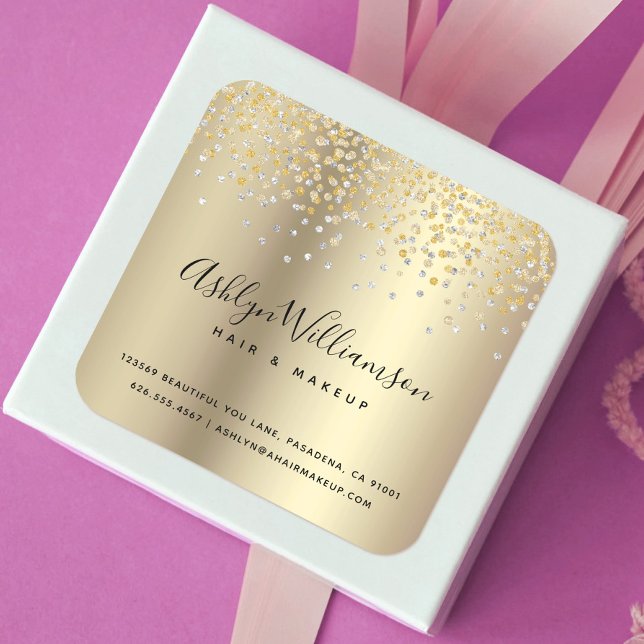 Gold foil glitter hair salon makeup artist modern square sticker (Creator Uploaded)
