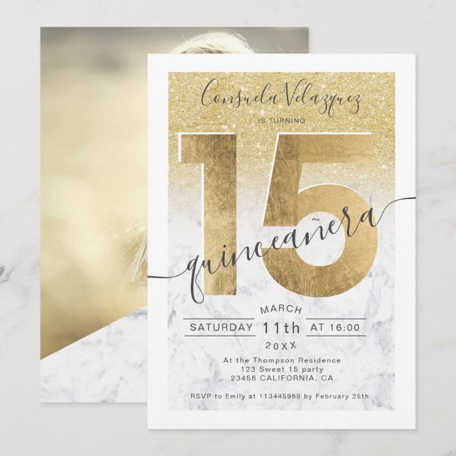 gold foil glitter marble chic quinceanera photo invitation (Front/Back)