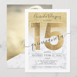 gold foil glitter marble chic quinceanera photo invitation