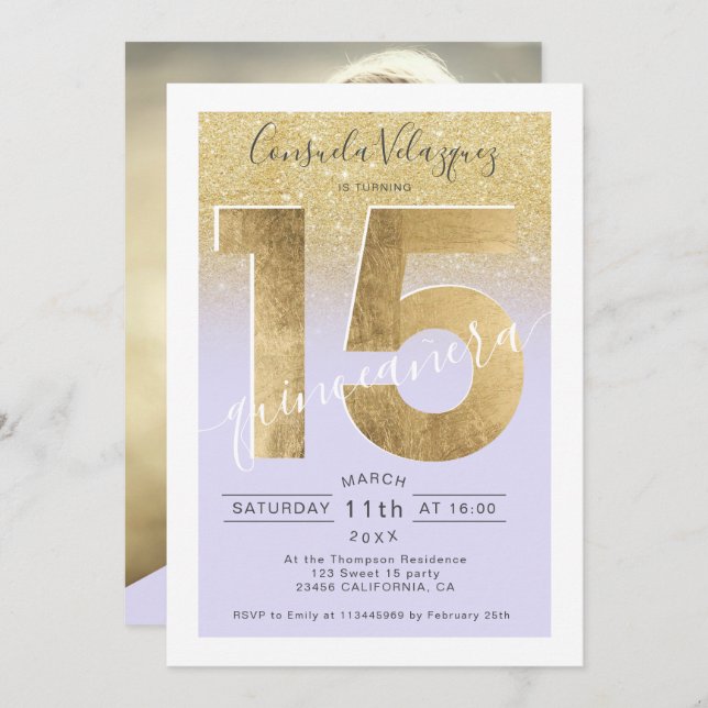 gold foil glitter script purple quinceanera photo invitation (Front/Back)