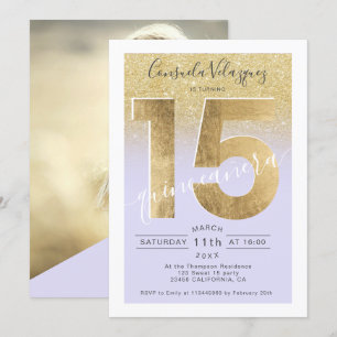 gold foil glitter script purple quinceanera photo invitation
