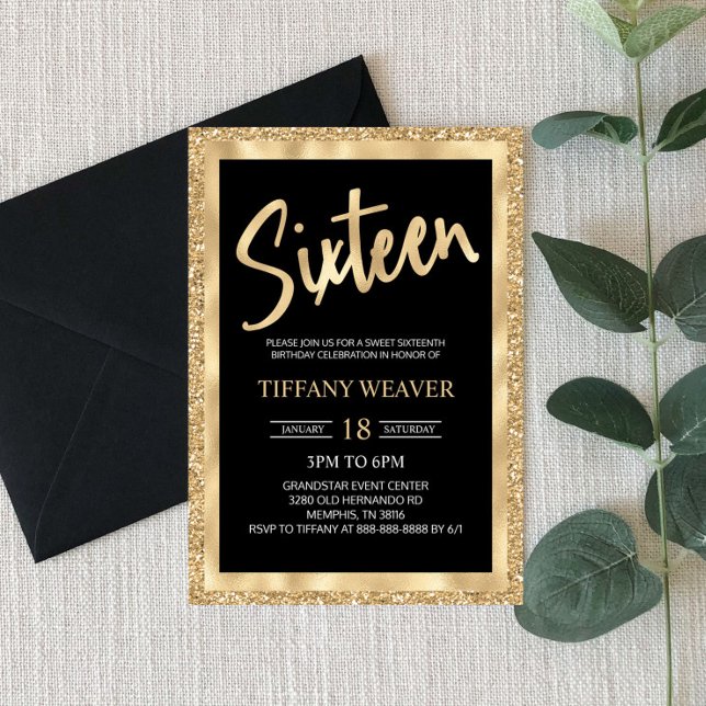 Gold Foil Glitter Sixteen 16th Birthday Invitation (Creator Uploaded)