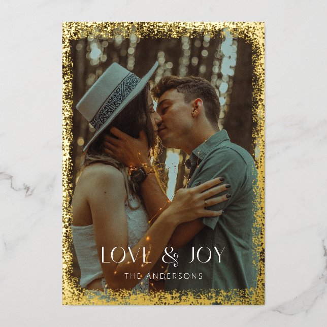 Gold Foil Glittering Love & Joy Holiday Photo Card (Front)