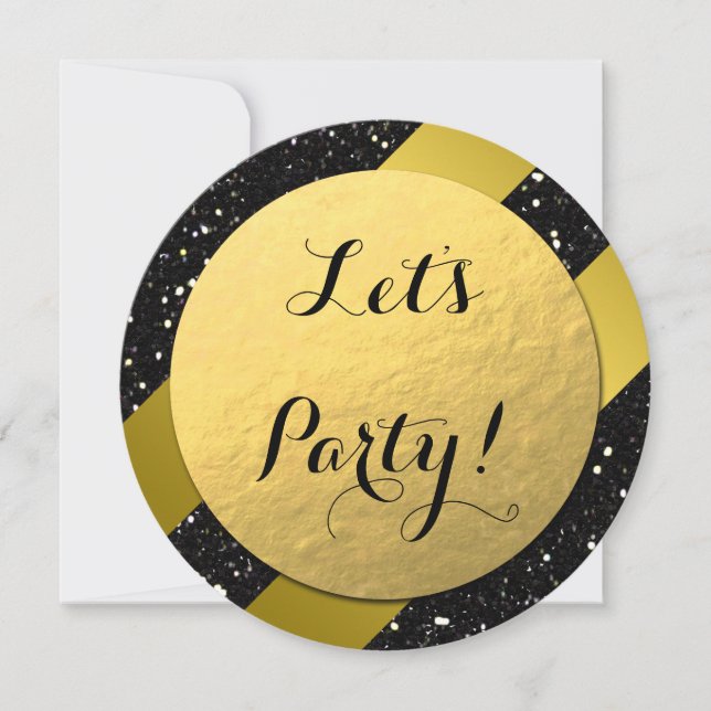 Gold Foil, Gold Glitter Black Elegant Invitation (Front)