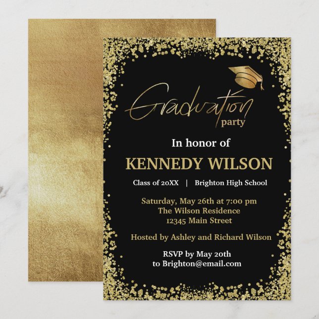   Gold foil Graduation Party Invitation Black (Front/Back)