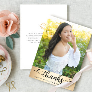 Gold Foil Graduation Photo Modern Script Hearts Thank You Card