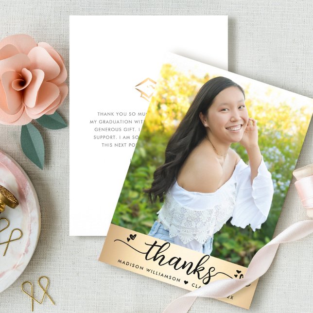 Gold Foil Graduation Photo Modern Script Hearts Thank You Card (Creator Uploaded)