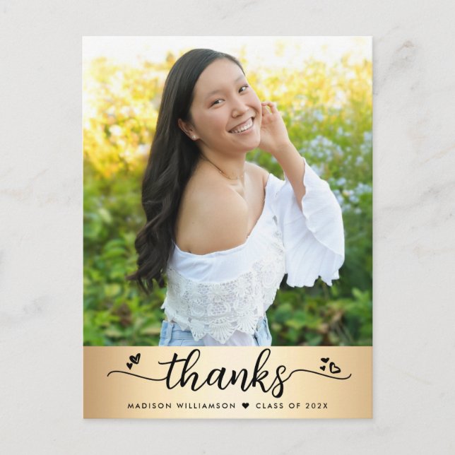 Gold Foil Graduation Photo Script Hearts Thank You Postcard (Front)