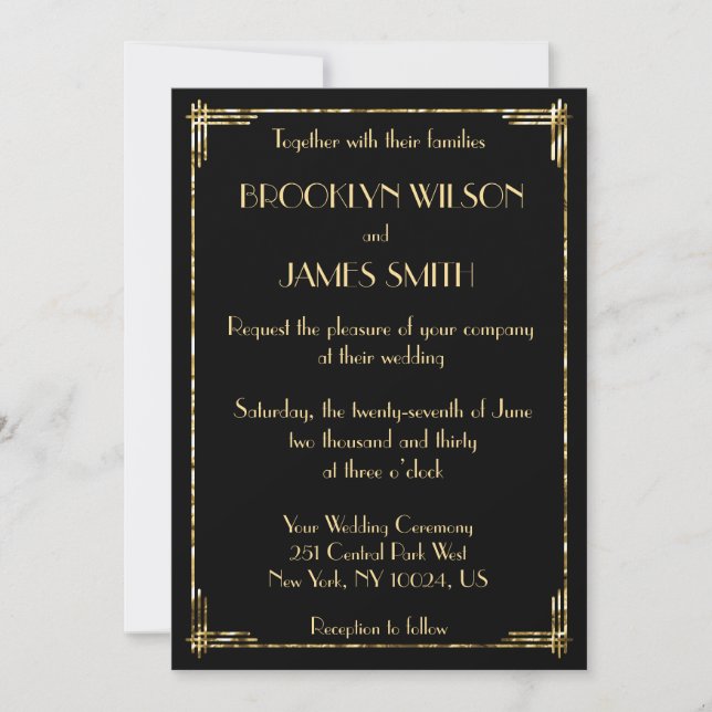 Gold Foil Great Gatsby Art Deco Wedding Invites (Front)