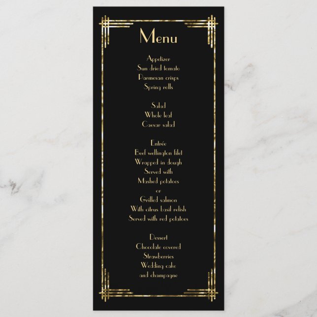 Gold Foil Great Gatsby Art Deco Wedding Menu Black (Front)