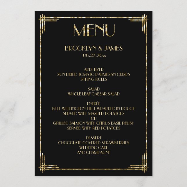 Gold Foil Great Gatsby Art Deco Wedding Menu Black (Front)