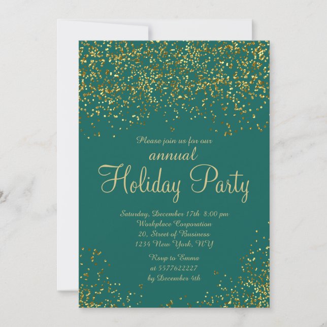 Gold foil green confetti corporate Christmas Invitation (Front)