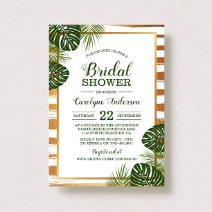 Gold Foil & Green Palm Leaf Beach Bridal Shower Invitation