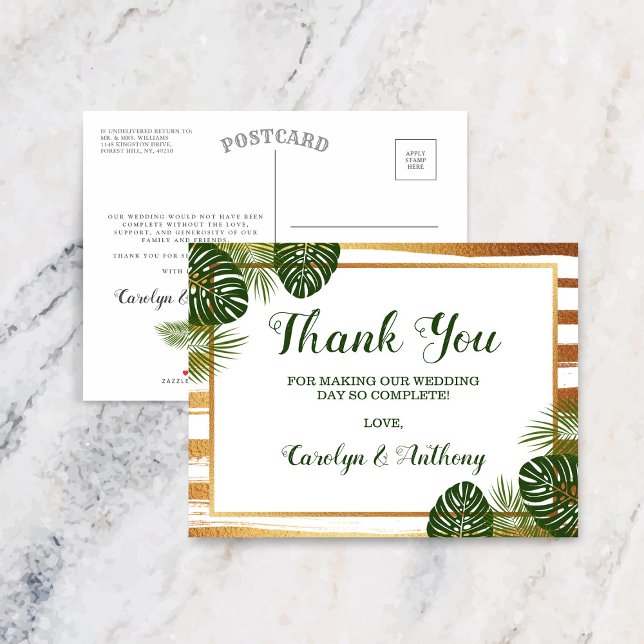 Gold Foil & Green Palm Leaf Beach Wedding Announcement Postcard (Creator Uploaded)