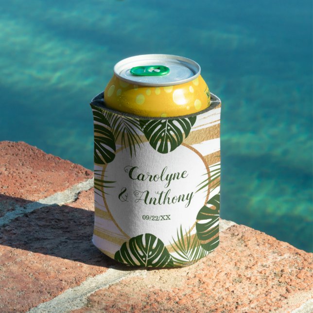 Gold Foil & Green Palm Leaf Beach Wedding Can Cooler (In Situ Pool)