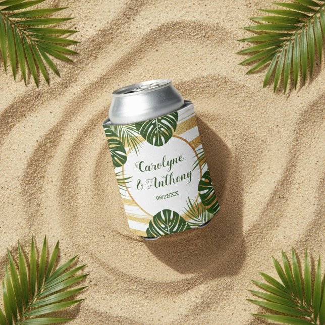 Gold Foil & Green Palm Leaf Beach Wedding Can Cooler (Creator Uploaded)