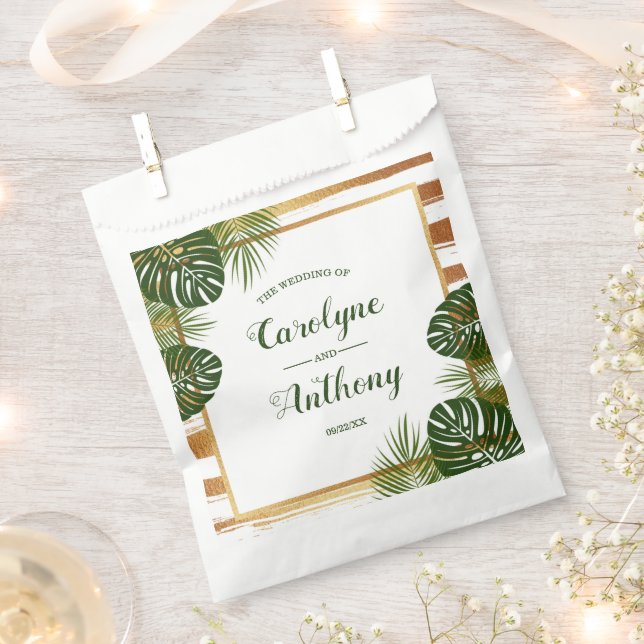 Gold Foil & Green Palm Leaf Beach Wedding Favour Bags (Clipped)