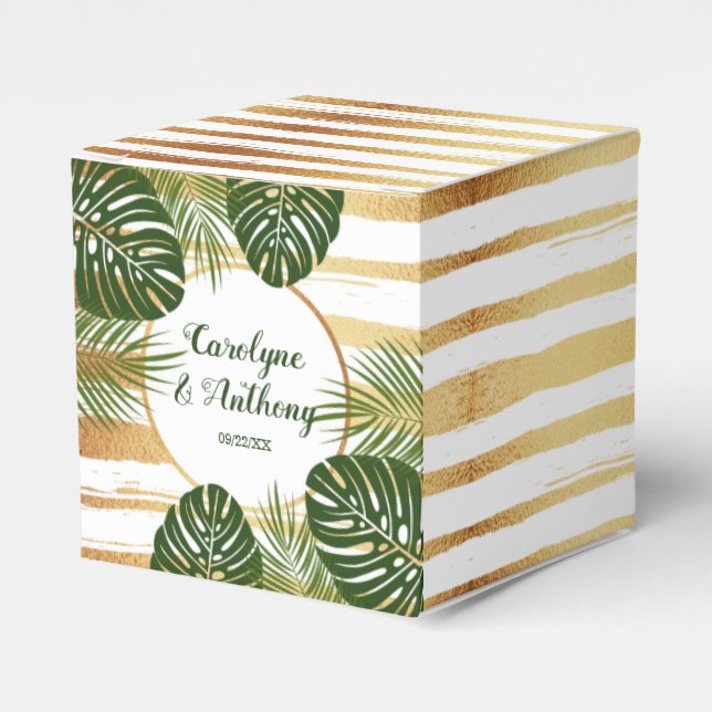 Gold Foil & Green Palm Leaf Beach Wedding Favour Box (Front Side)