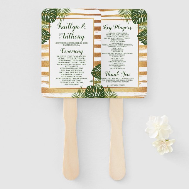 Gold Foil & Green Palm Leaf Beach Wedding Hand Fan (Front and Back)