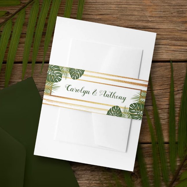 Gold Foil & Green Palm Leaf Beach Wedding Invitation Belly Band (Creator Uploaded)