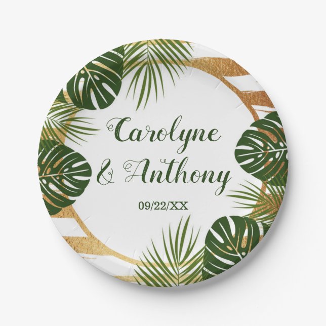 Gold Foil & Green Palm Leaf Beach Wedding Paper Plate (Front)