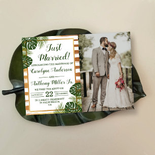 Gold Foil & Green Palm Leaf Beach Wedding Photo Announcement