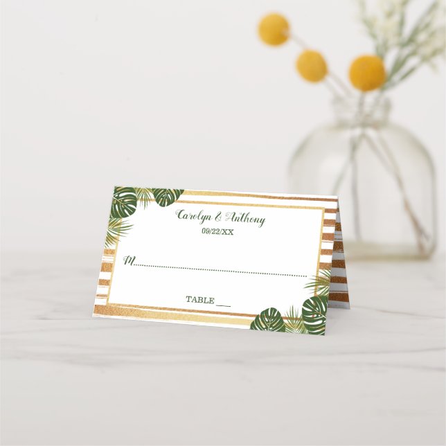 Gold Foil & Green Palm Leaf Beach Wedding Place Card (Front)