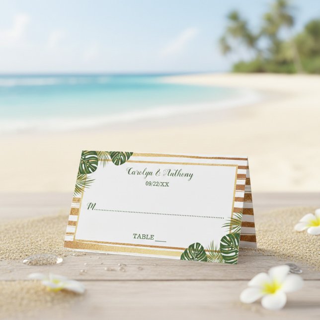 Gold Foil & Green Palm Leaf Beach Wedding Place Card (Creator Uploaded)