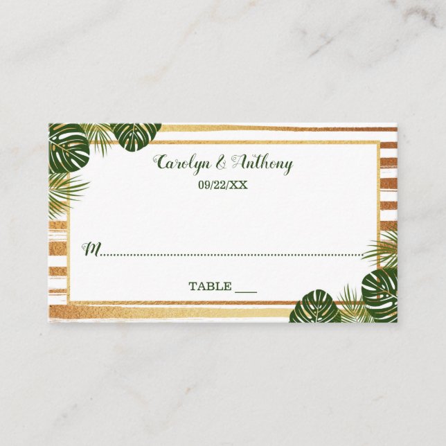 Gold Foil & Green Palm Leaf Beach Wedding Place Card (Front)