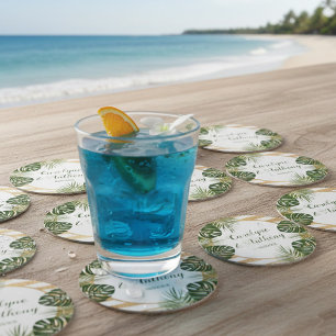Gold Foil & Green Palm Leaf Beach Wedding Round Paper Coaster