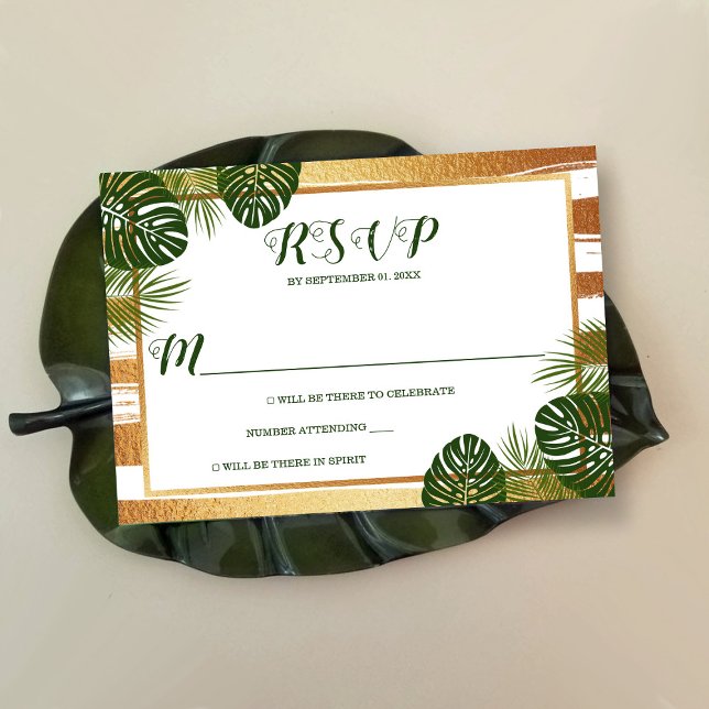Gold Foil & Green Palm Leaf Beach Wedding RSVP Card (Creator Uploaded)