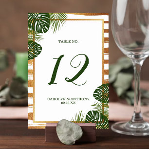 Gold Foil & Green Palm Leaf Beach Wedding Table Number