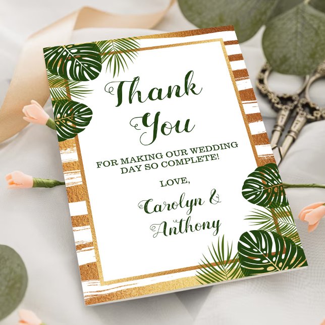 Gold Foil & Green Palm Leaf Beach Wedding Thank You Card (Creator Uploaded)