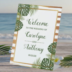 Gold Foil & Green Palm Leaf Beach Wedding Welcome Pedestal Sign