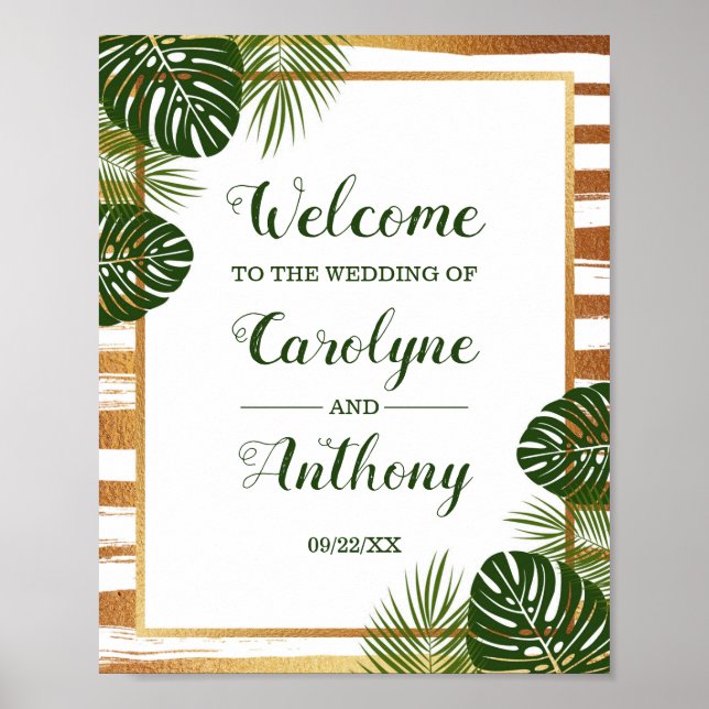 Gold Foil & Green Palm Leaf Beach Wedding Welcome Poster (Front)