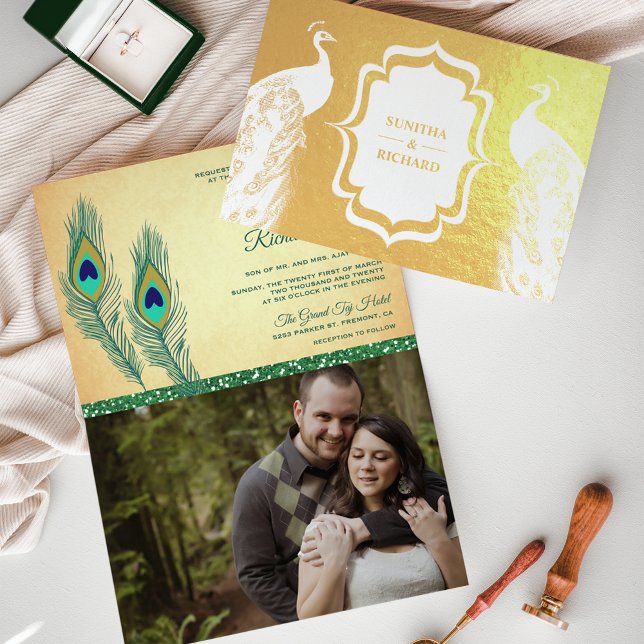 Gold Foil Green Peacock Feather Wedding Invitation (Creator Uploaded)