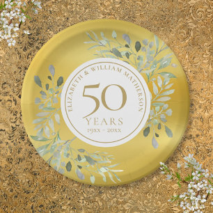 Gold Foil Greenery 50th Wedding Anniversary Paper Plate