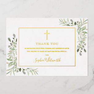 Gold Foil Greenery Baptism Photo Thank You Card