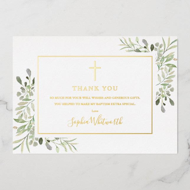 Gold Foil Greenery Baptism Photo Thank You Card (Front)