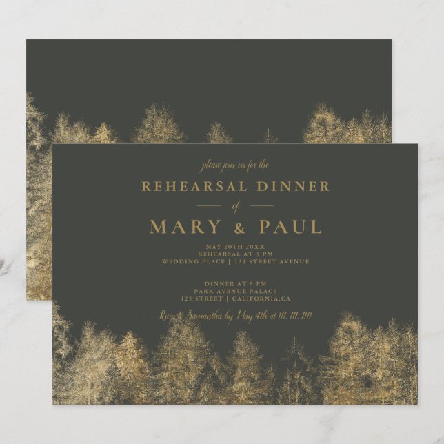 Gold foil grey Fall pine rehearsal dinner Invitation (Front/Back)
