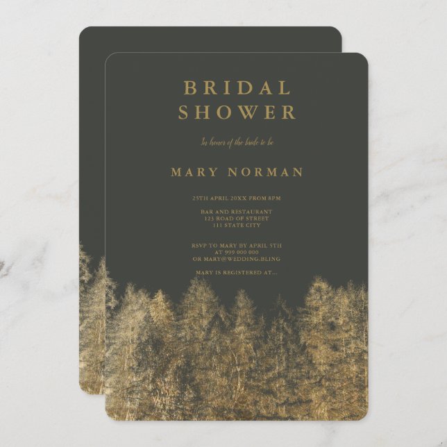 Gold foil grey Fall pine trees bridal shower Invitation (Front/Back)